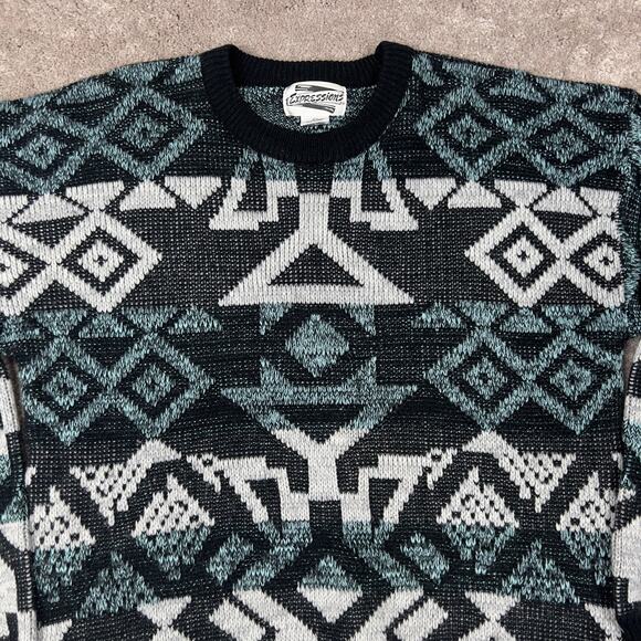 Vintage Geometric Sweater Size M Black Gray Mint Green Expressions Grandpa - Picture 2 of 4